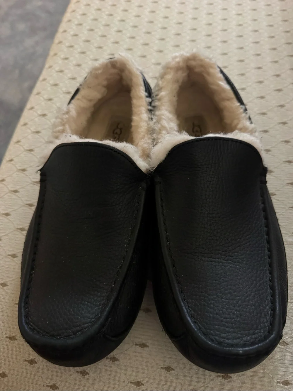 UGG Men’s Black Leather Slip-On Moccasins with Cream Shearling